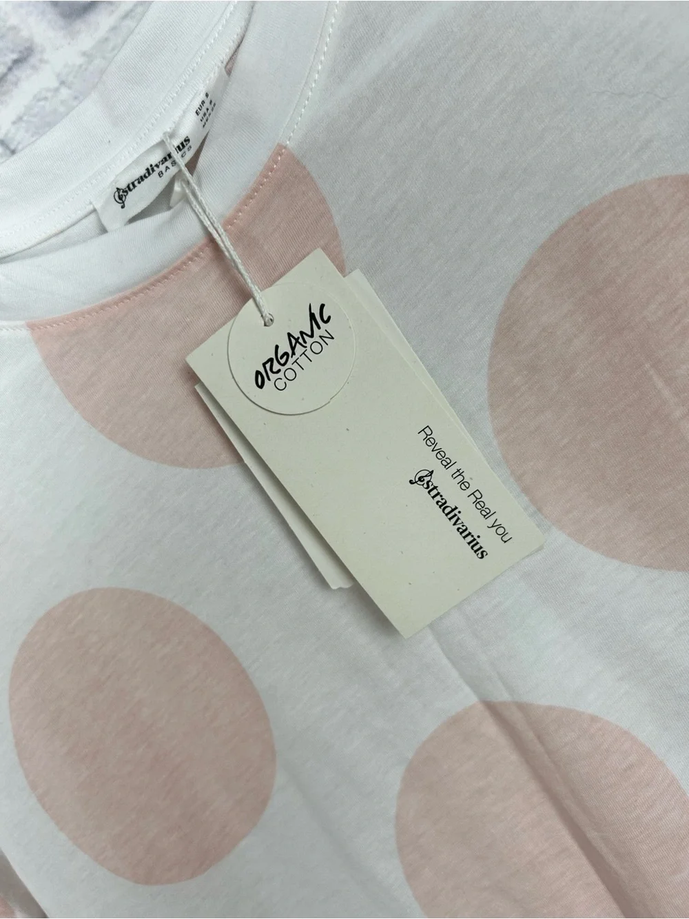Stradivarius Organic Cotton Polka Dot Tee White Blush Pink Short Sleeve NWT S